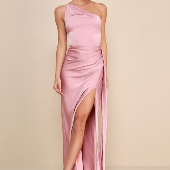 Lulus Signature Elegance Rose Satin One-shoulder Maxi Dress Pink - Size S - Picture 1 of 1